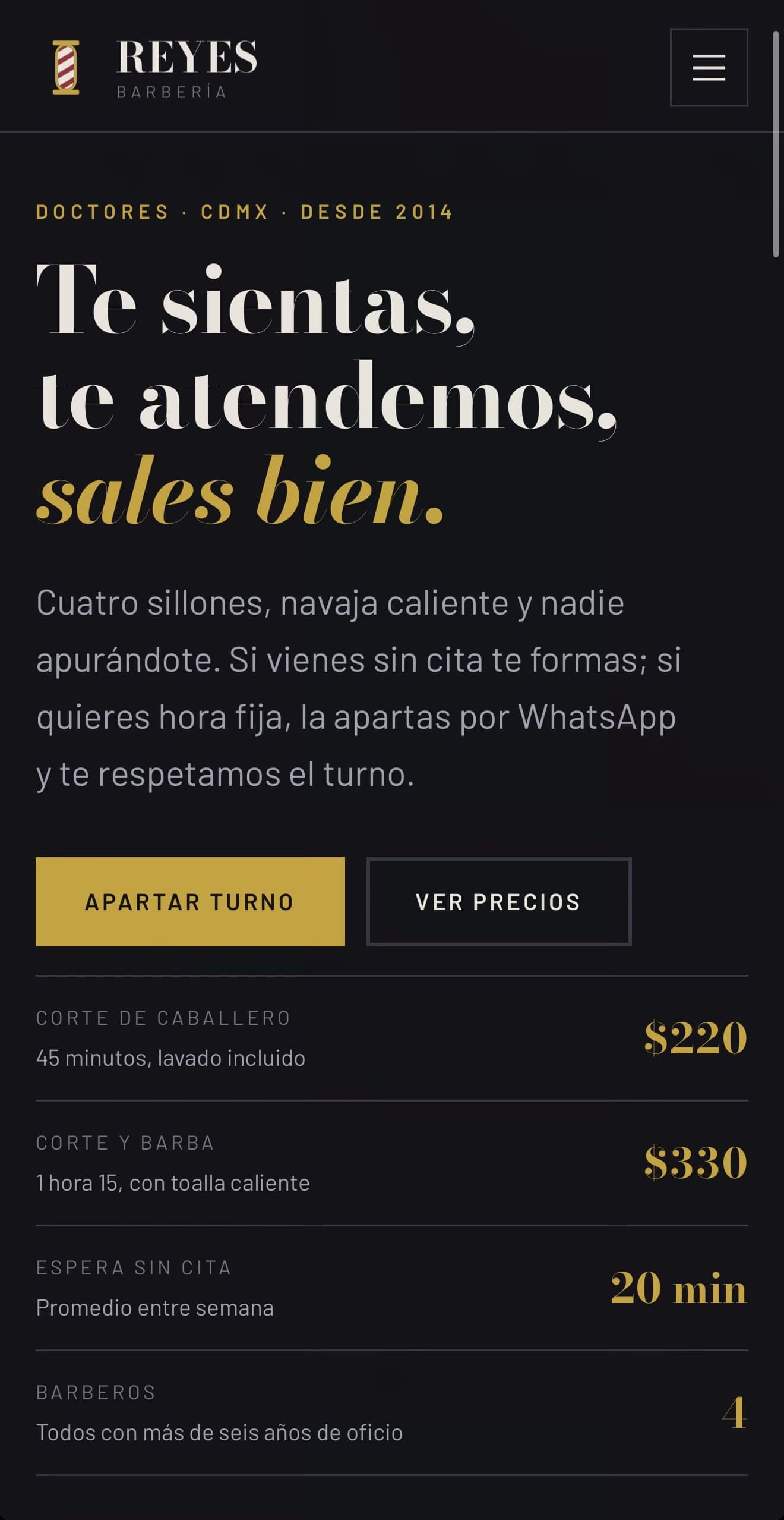 Demo de sitio web con reserva de turnos por WhatsApp para barberías y estéticas desarrollado por pro-sites.mx