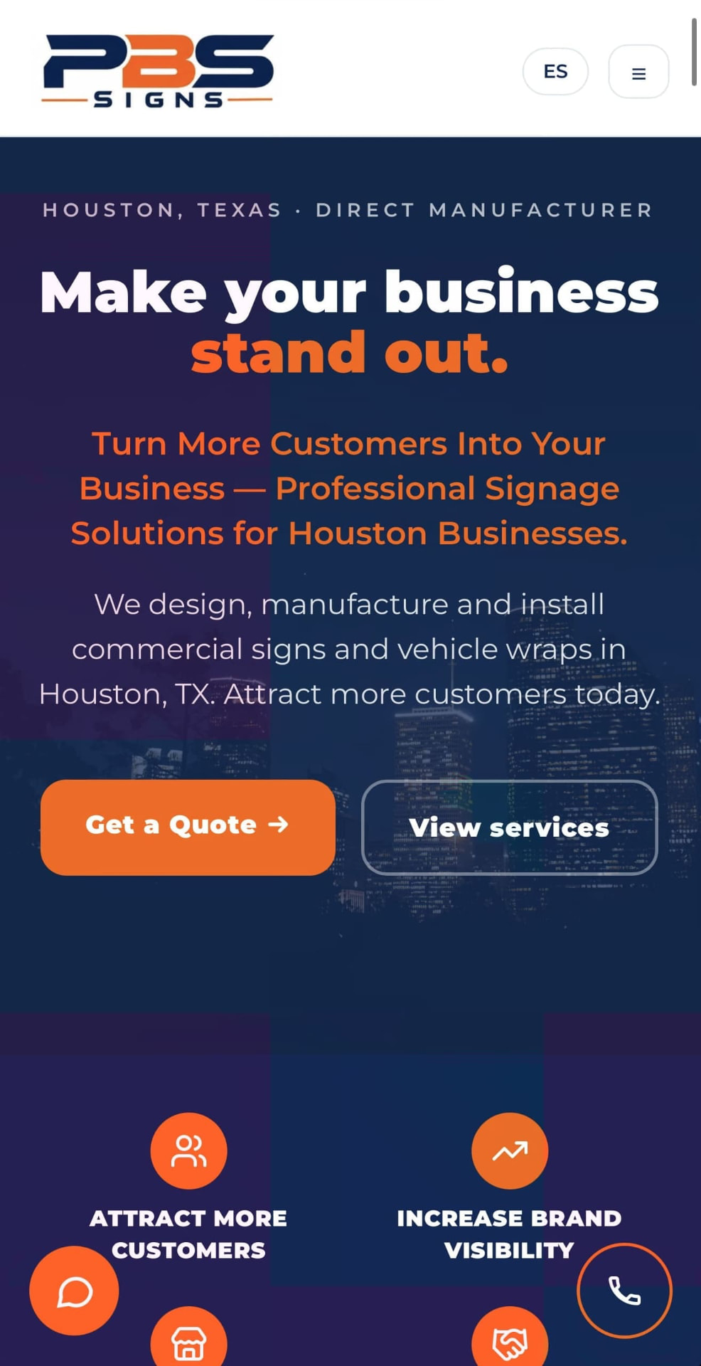 Sitio web industrial bilingüe y embudo de cotizaciones B2B en Houston, Texas para PBS Signs Solutions desarrollado por pro-sites.mx